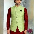 Woven Jacquard Green Nehru Jackets