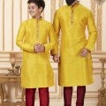 Yellow Jacquard Silk Plain Work Kurta Pyjama For Engagement