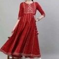 Maroon Cotton Embroidered Casual Kurti